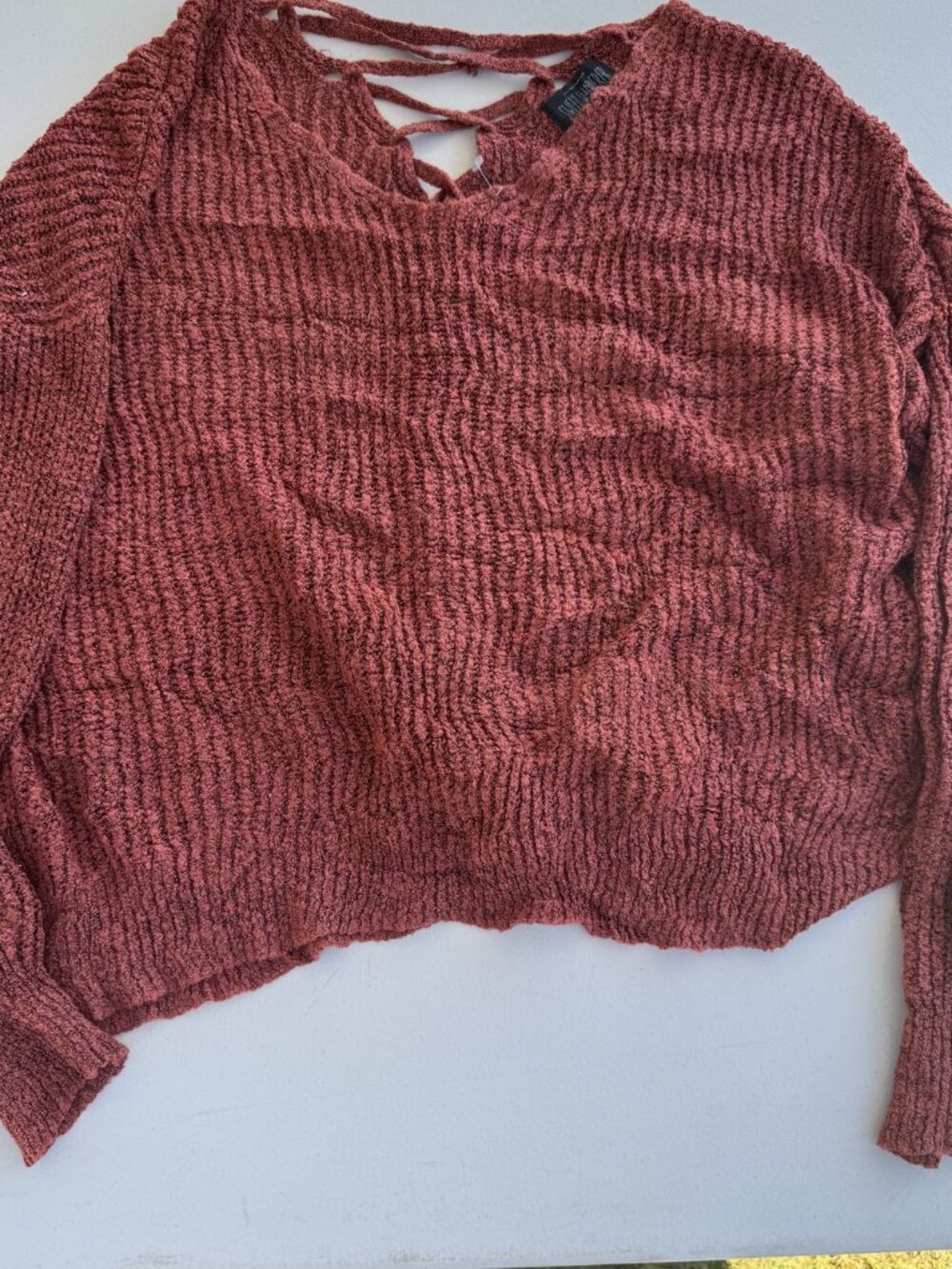 Sweet Wanderer Burgundy Textured Knit Lace-Up Sweater XL